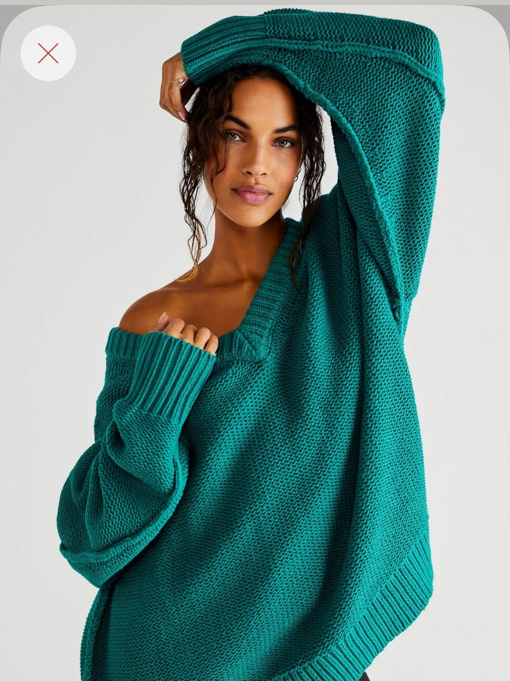 Free People Teal Green Oversized Alli V-Neck Knit Sweater